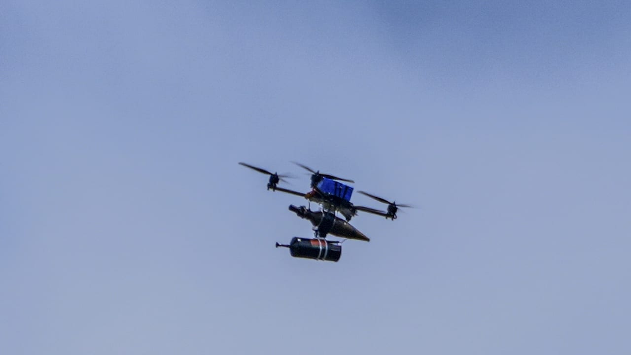 An explosive drone launched by Hezbollah is seen near the Israeli border with Lebanon during a Hezbollah attack in northern Israel, May 19, 2026.