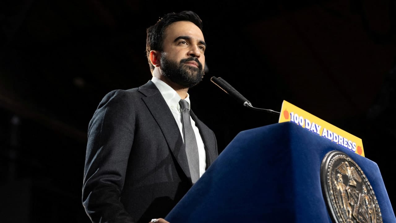 Mayor Zohran Mamdani delivers his 100 Days Address, a speech dedicated to outline the progress made on his core campaign promises since taking office, in Queens, New York City, US, April 12, 2026.
