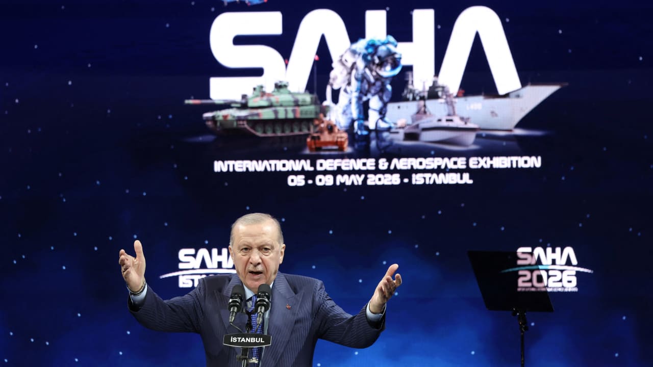 Turkish President Recep Tayyip Erdogan makes a speech during the closing event of the SAHA 2026 International Defence and Aerospace Exhibition in Istanbul, Turkey, May 8, 2026.