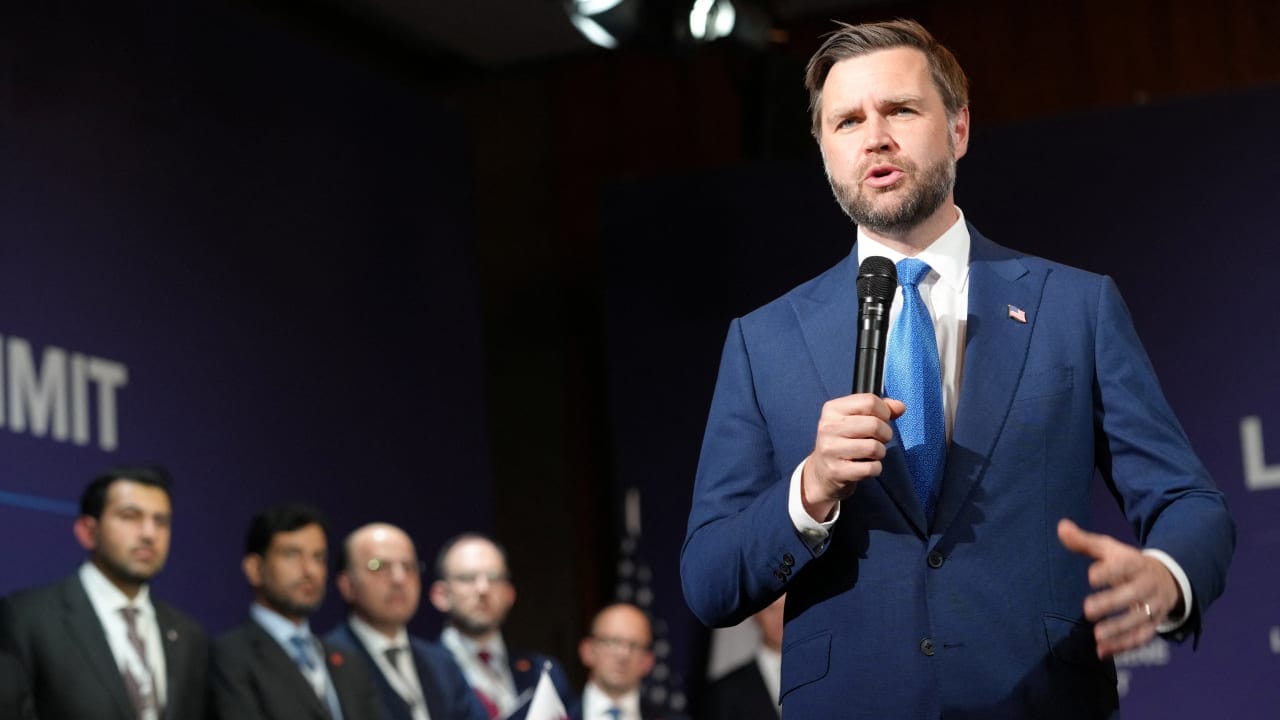 US Vice President JD Vance speaks during a quadrilateral meeting between the US, Iran, Pakistan, and Qatar at the Lake Lucerne Summit, aimed at advancing a deal to end the Middle East conflict, at Buergenstock Resort Lake Lucerne, near Stansstad, Switzerland, June 21, 2026.