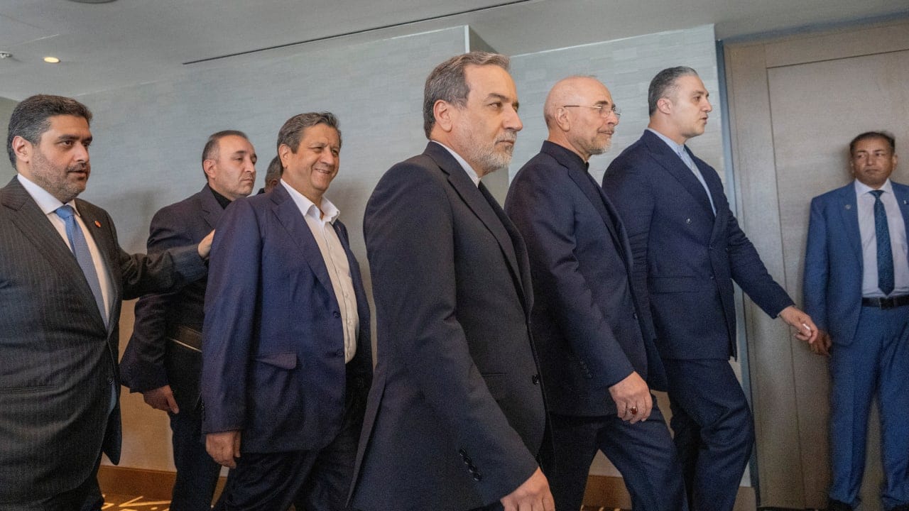 FOREIGN MINISTER of Iran Abbas Araghchi, and Speaker of Iran Mohammed Bagher Ghalibaf with the delegation of Iran at the Lake Lucerne Summit at the Buergenstock resort in Obbuergen, near Lucerne, Switzerland, Sunday, June 21, 2026.