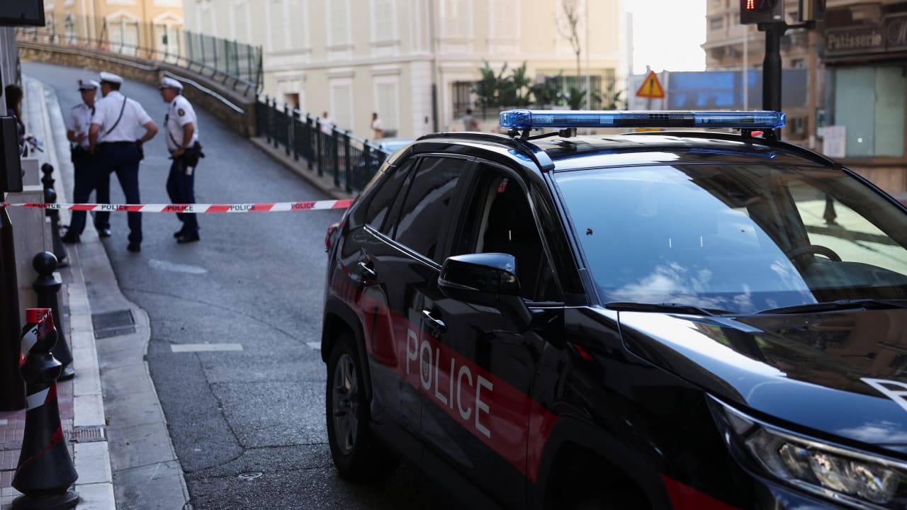 A police vehicle stands near a cordon near the site of an explosion on Monday, in Monaco, June 30, 2026.