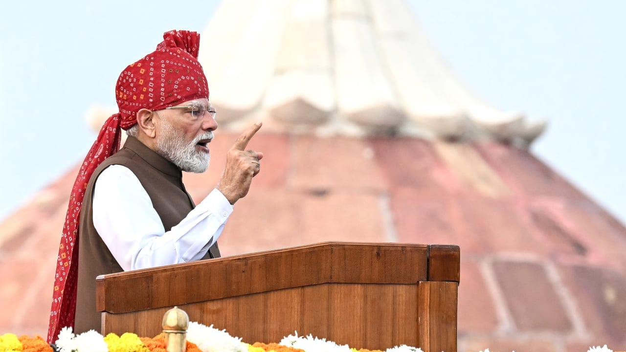 India's Prime Minister Narendra Modi addresses the nation from the ramparts of the Red Fort during the celebrations to mark country's Independence Day in New Delhi on August 15, 2026.