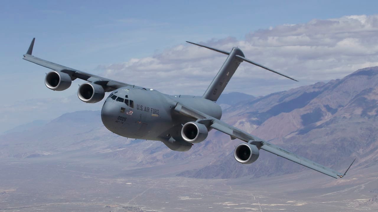 A US Air Force C-17 Globemaster III during a test flight; illustrative.