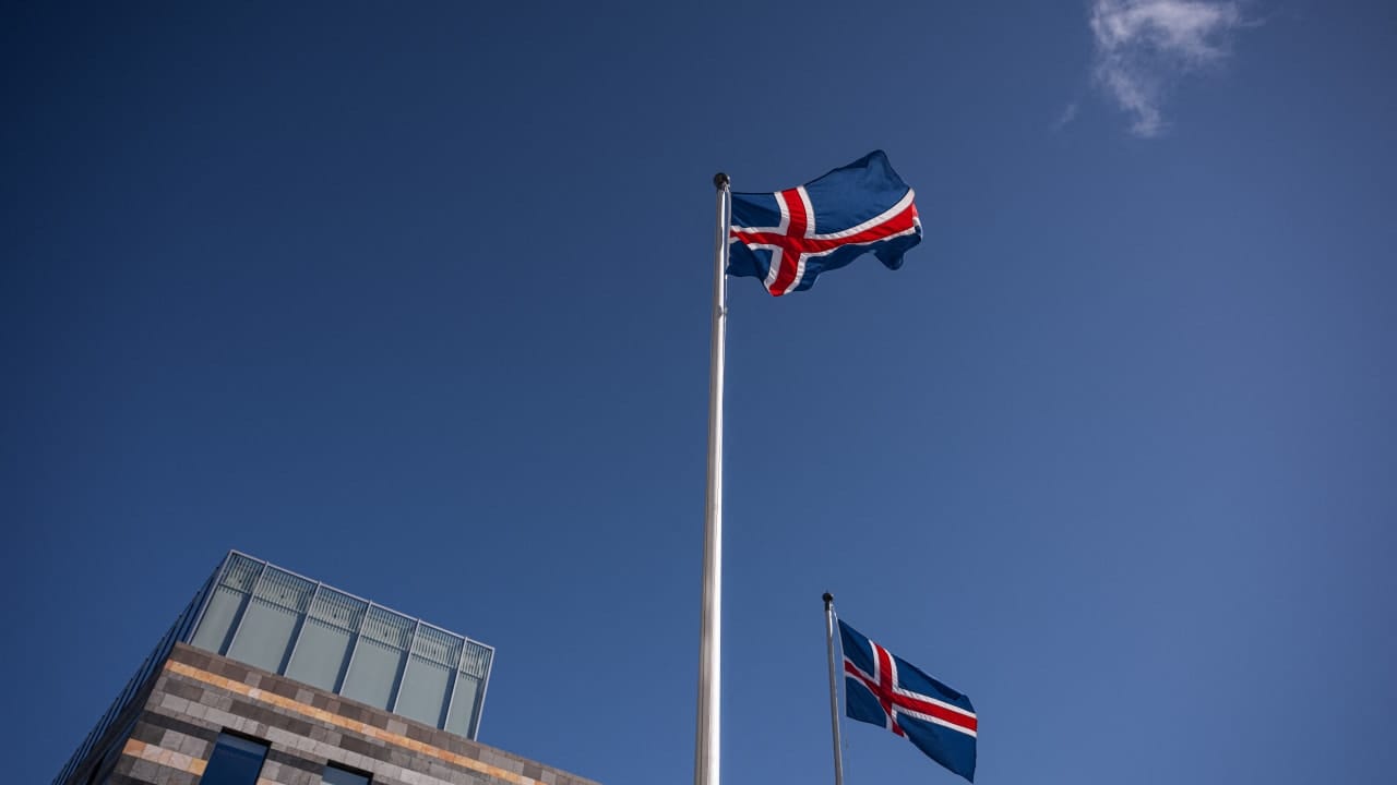 An Icelandic flag flies outside Reykjavik City Hall in Reykjavik, Iceland, on August 27, 2026, two days ahead of a national referendum on whether Iceland should resume European Union accession negotiations.