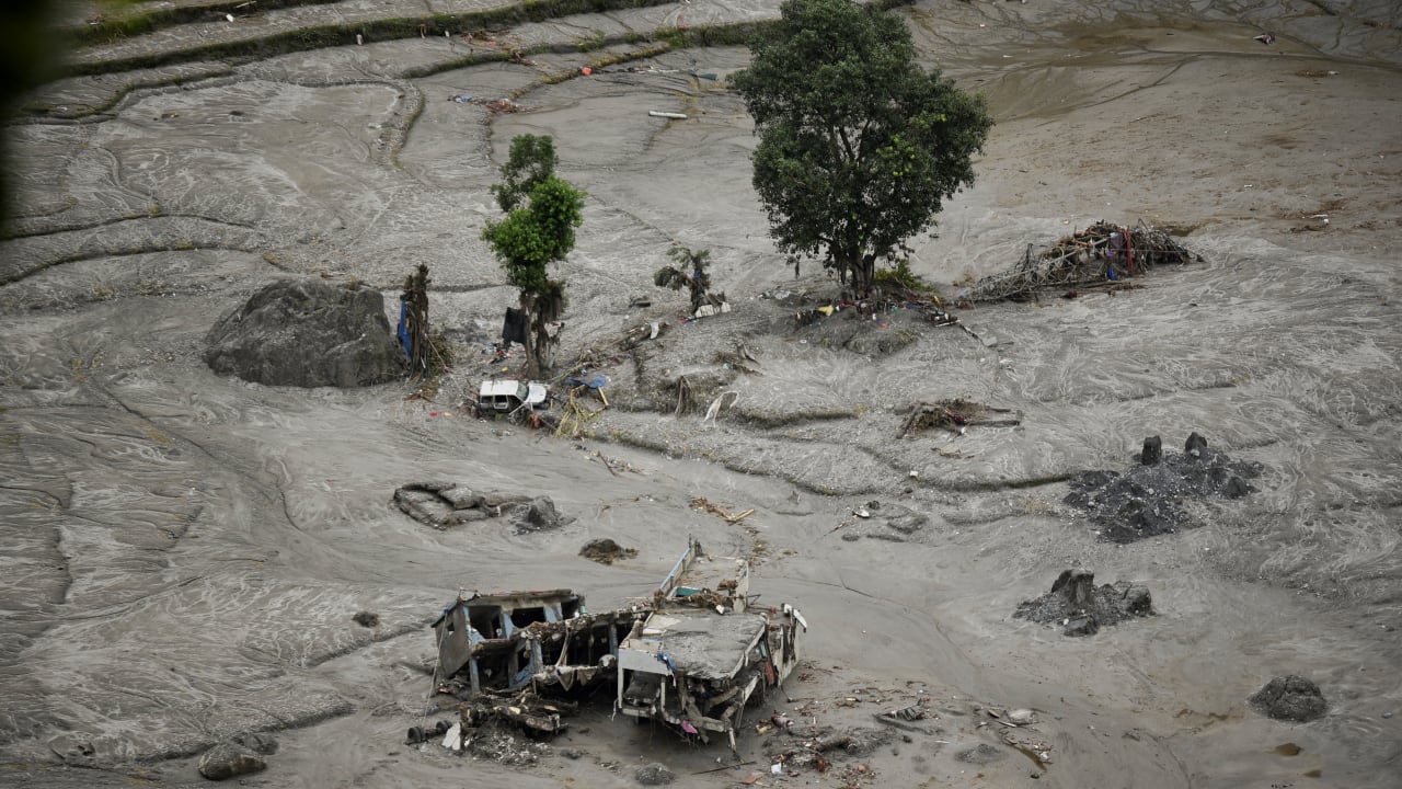 An aerial view shows buildings and a car damaged and covered in mud near Trishuli River following deadly flash floods and a mudslide, in Betrawati Bazaar in Rasuwa district, Nepal, August 30, 2026.