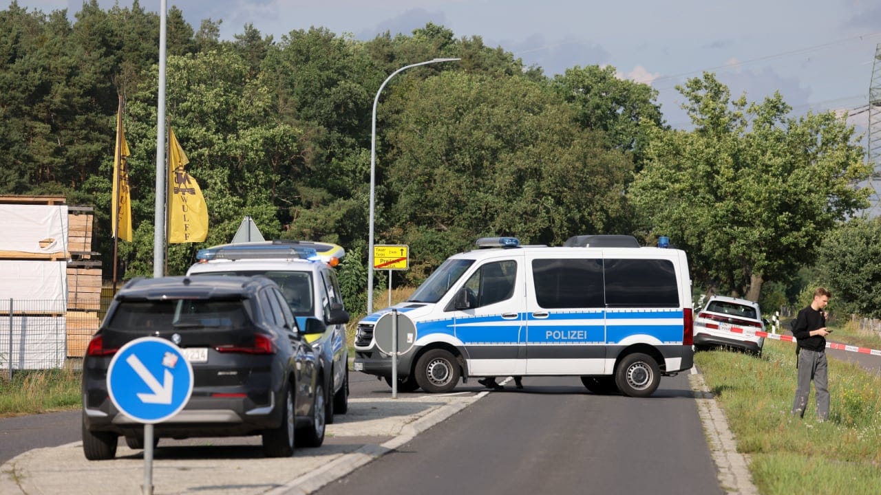 Police vehicle on site after explosive devices have been found at a substation near the Jaenschwalde power plant in Turnow-Preilack, Germany, September 1, 2026. 