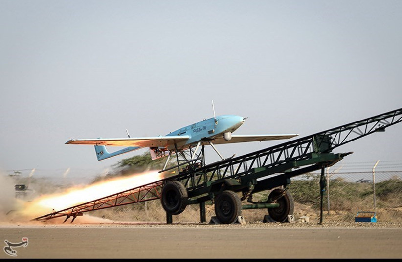 A drone is seen during an Iranian Army exercise dubbed 'Zulfiqar 1400', in the coastal area of the Gulf of Oman, Iran, November, 2021 (photo credit: TASNIM NEWS AGENCY)