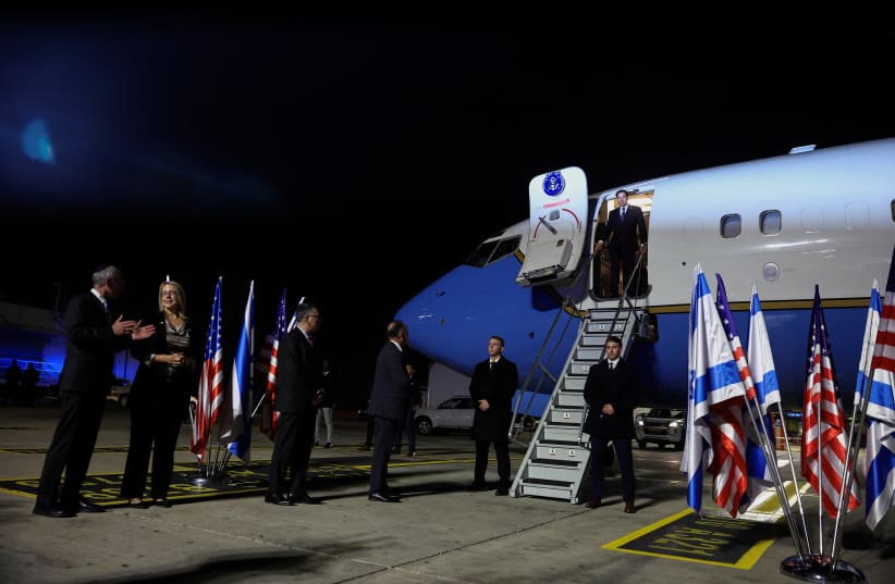  US State Secretary Marco Rubio arrives in Israel on the first leg of his Middle East trip, as Israel's Foreign Minister Gideon Sa'ar waits to welcome him, in Tel Aviv, Israel, February 15, 2025.  (photo credit: REUTERS/EVELYN HOCKSTEIN/POOL)