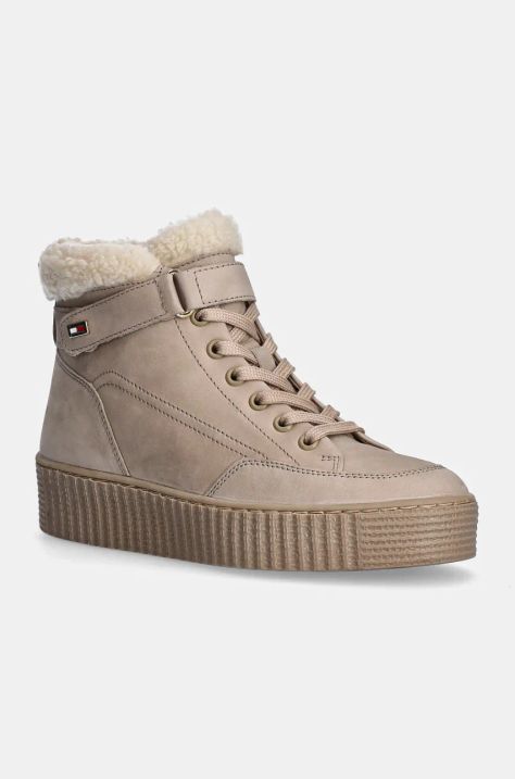 Tommy Hilfiger botki zamszowe FAUX FUR NUBUCK LOW LACE-UP kolor beżowy na płaskim obcasie ocieplone FW0FW08172
