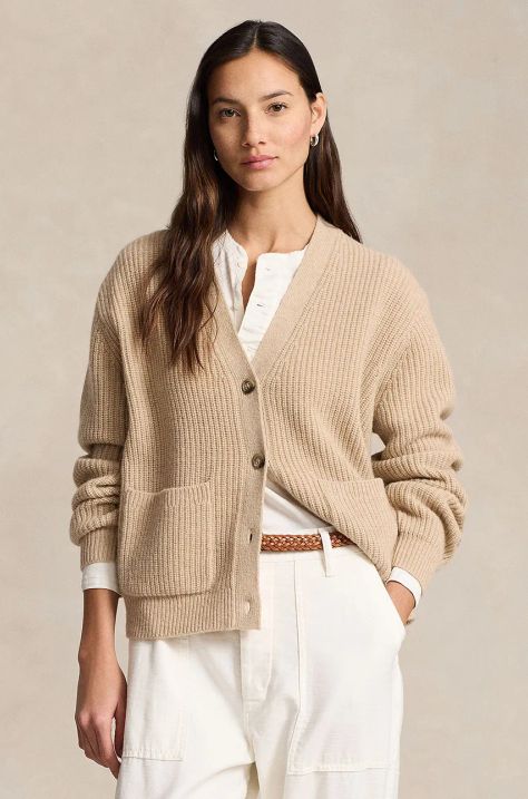 Polo Ralph Lauren kardigan wełniany kolor beżowy ciepły 211944515