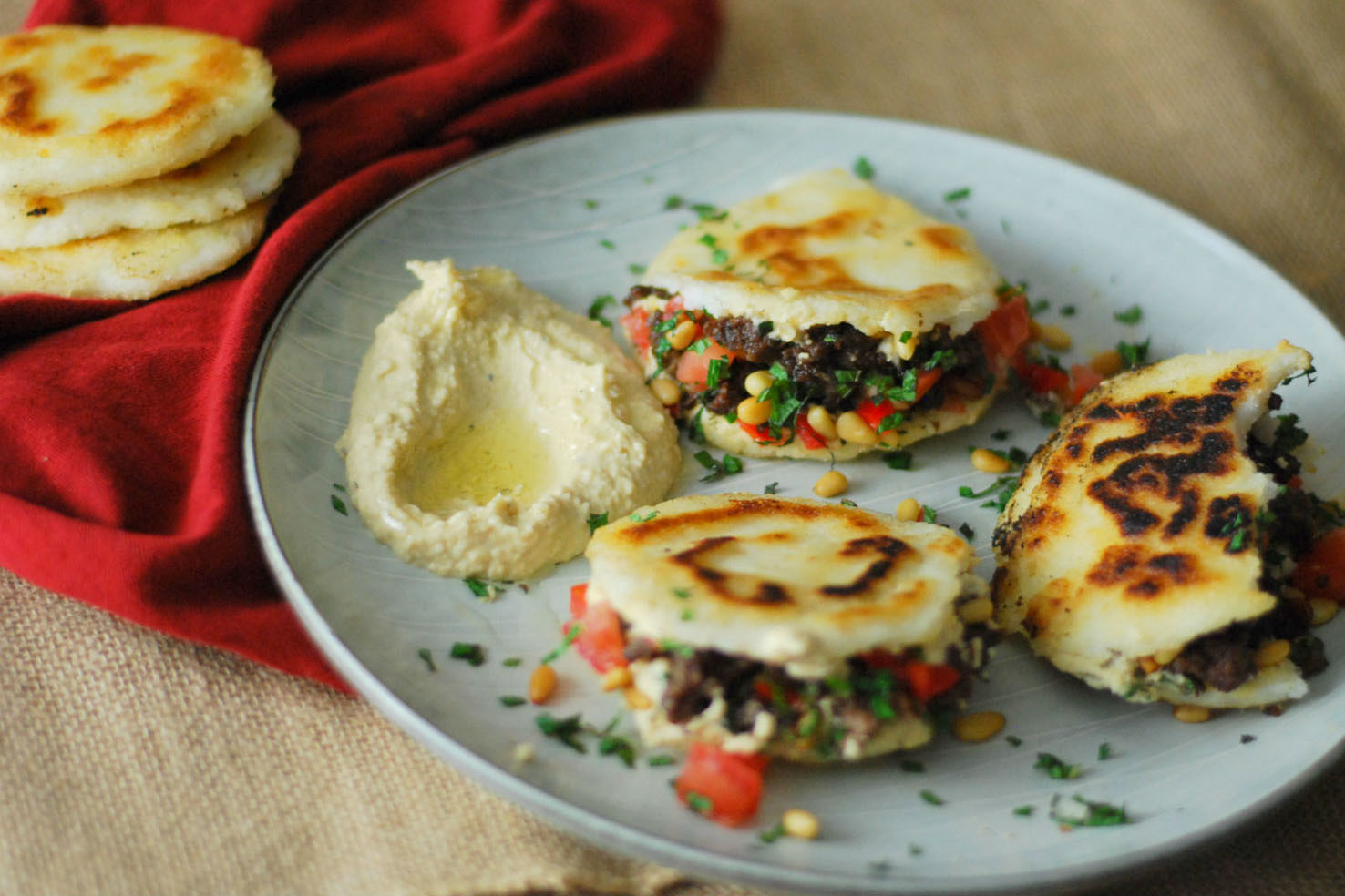Spiced Lamb and Hummus Stuffed Arepas