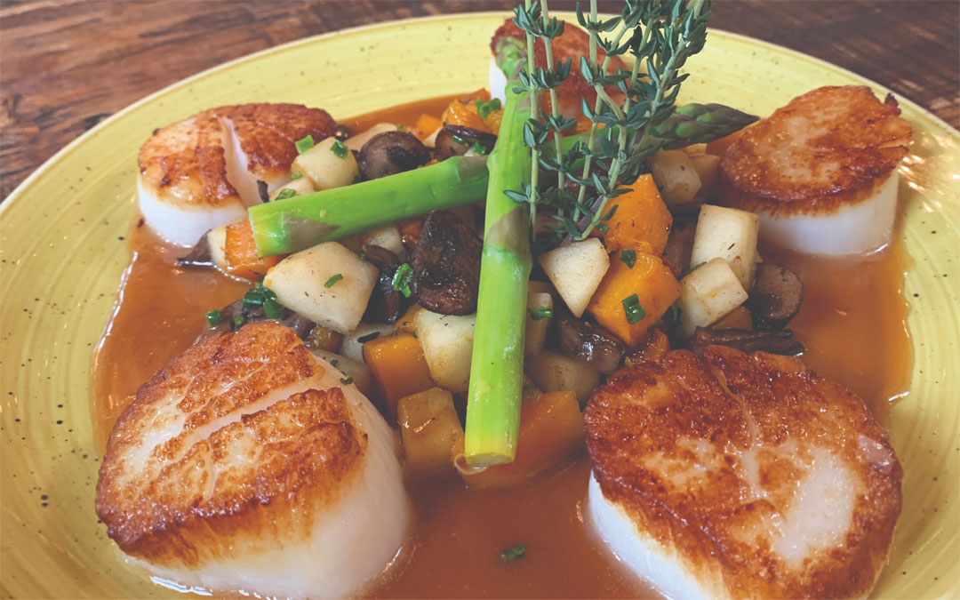 Seared Scallops with Sweet Potato Hash and Apple Cider Butter