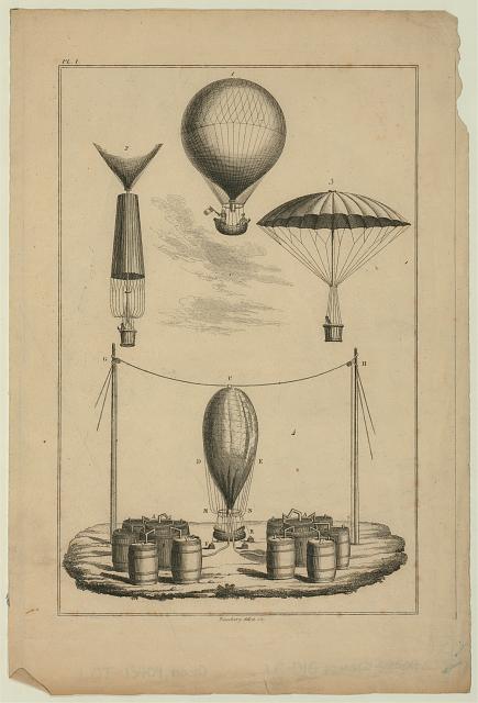 Black and white etching shows four stages of André Garnerin's parachute: apparatus for inflating a balloon with hydrogen, a balloon in flight, parachute attached to ascending balloon, and parachute deployed in descent.