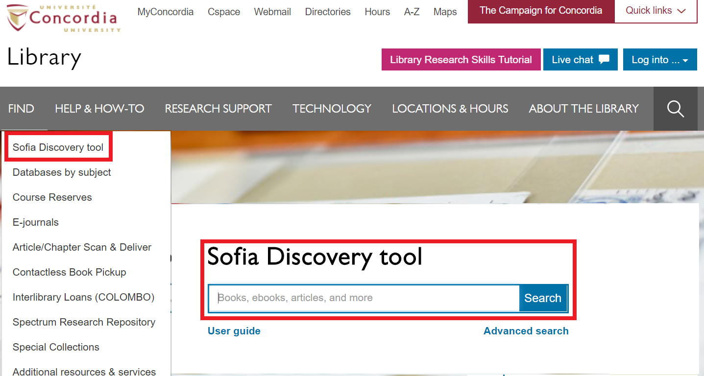 The Sofia Discovery tool is on the library website home page and under the Find menu.