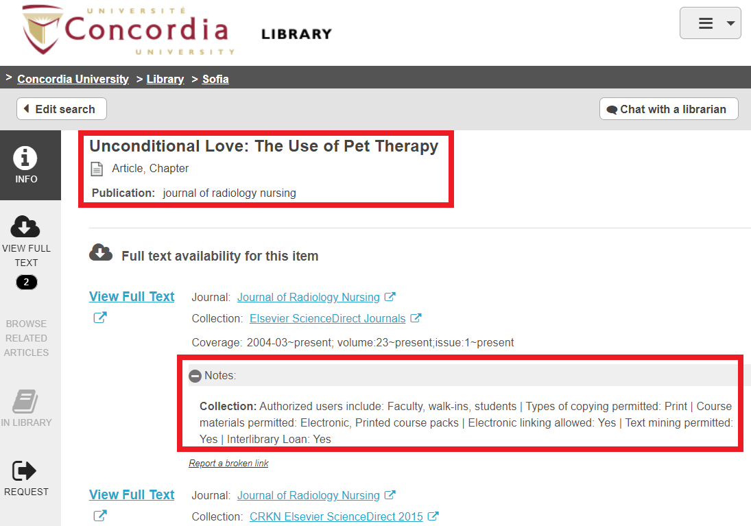 licensing information for articles in the Sofia Discovery tool