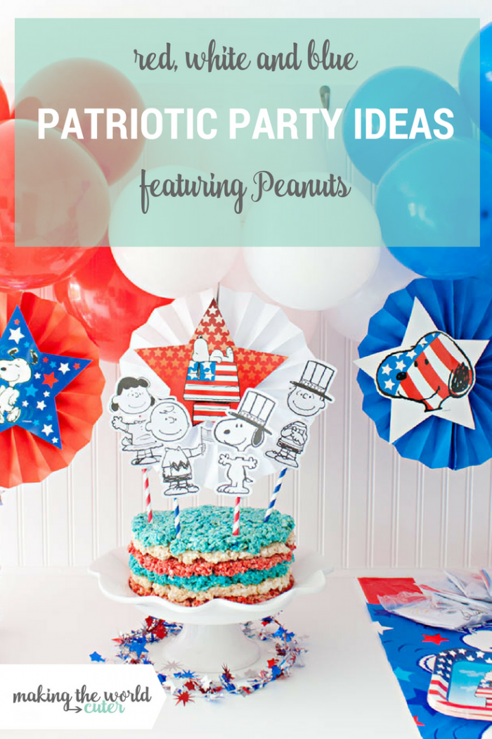 Red, White and Blue Patriotic Party featuring Peanuts! Red, White and Blue Rice Krispie Cake, Balloon Banner and Party Favors!