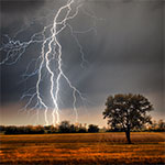 Lightning over a farm field. Weather electricity thunderstorm light energy tree