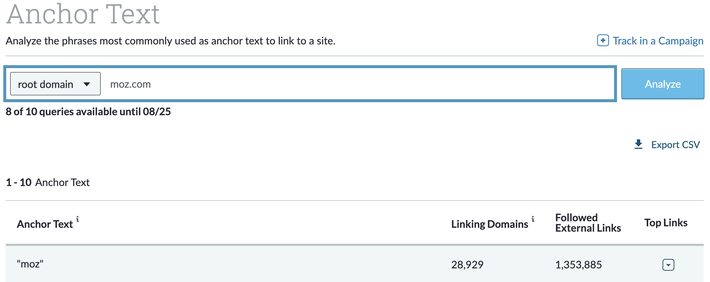 screenshot of link explorer anchor text