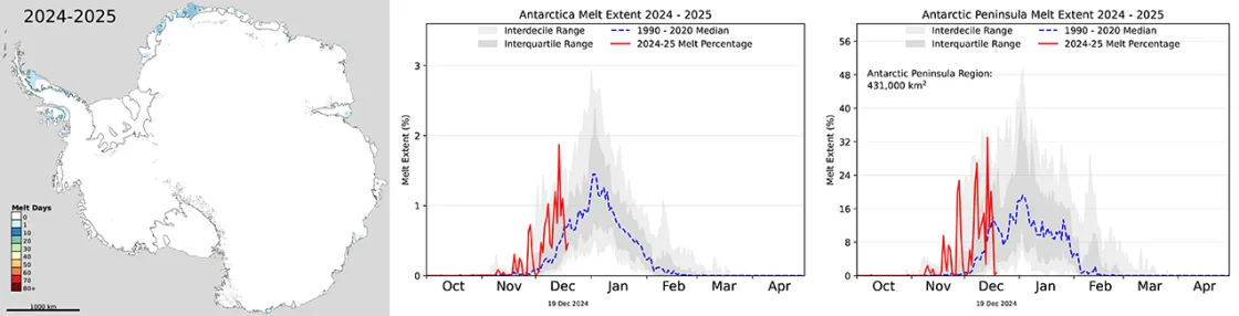 Map and graphs showing Antarctic melt