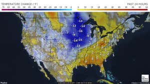 Variation in temperatures across the US in the past 24 hours.