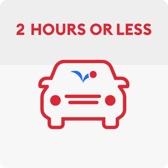 2 hours or less message and a car graphic