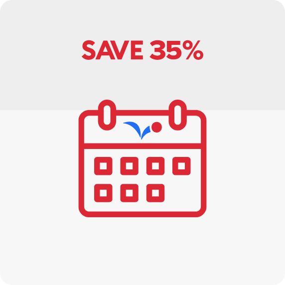 Save 35% message and a calendar graphic