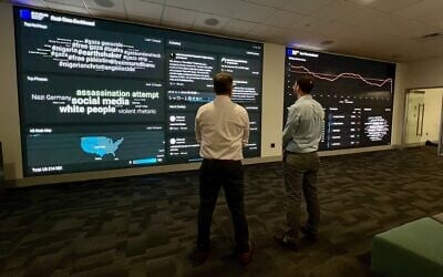 Steven Fransblow (left) and Adam Katz (right) look at the real-time dashboard at the Blue Square Alliance Against Hate command center in Foxborough, Massachusetts. (Jackie Hajdenberg/ JTA) Steven Fransblow (left) and Adam Katz (right) look at the real-time dashboard at the Blue Square Alliance Against Hate command center in Foxborough, Massachusetts. (Jackie Hajdenberg/ JTA)