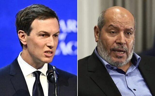 US envoy Jared Kushner (left) and Hamas chief Khalil al-Hayya (right) in a photo montage. (Fabrice COFFRINI / AFP; AP/Khalil Hamra) US envoy Jared Kushner (left) and Hamas chief Khalil al-Hayya (right) in a photo montage. (Fabrice COFFRINI / AFP; AP/Khalil Hamra)