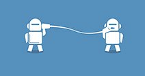 Robo advisor concepto como ilustración vectorial. Dos robots comunicarse unos con otros sobre fondo azul. Foto de stock