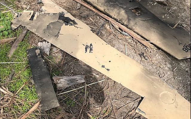 The remains of an Iranian drone that was shot down by the Israeli Air Force after it penetrated Israeli airspace on February 10, 2018. (Israel Defense Forces) The remains of an Iranian drone that was shot down by the Israeli Air Force after it penetrated Israeli airspace on February 10, 2018. (Israel Defense Forces)