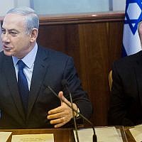 Prime Minister Binyamin Netanyahu, left, and Avichai Mandelblit at the Prime Minister's Office in Jerusalem, on December 13, 2015. (Yonatan Sindel/Flash90