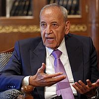In this Friday, May 11, 2018 photo, Lebanese Parliament Speaker Nabih Berri, speaks during an interview with The Associated Press, in Beirut, Lebanon. (AP Photo/Hussein Malla)