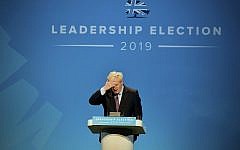 Conservative party leadership candidate Boris Johnson gestures, during the first party hustings at the ICC in Birmingham, England, Saturday June 22, 2019. (Ben Birchall/PA via AP)