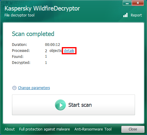 Opening scan details in WildfireDecryptor