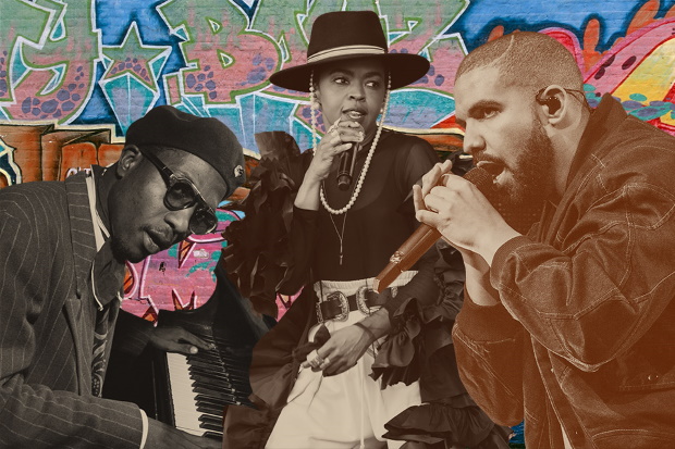 Photo of jazz artist Thelonious Monk and recording stars Lauryn Hill and Drake.