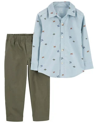 Toddler 2-Piece Airplane Button-Down Shirt & Pant Set, , hi-res