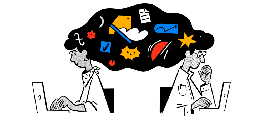 Two people work on laptops beneath a cloud of symbols representing ideas and tasks