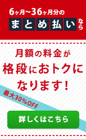 最大30%OFF 6ヶ月〜36ヶ月の「まとめ払い」なら月額の料金が格段におトクになります!