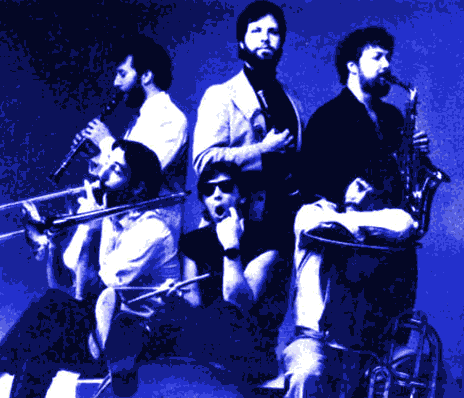 THE KLEZMORIM, 1984. Clockwise from noon: Stephen Saxon, Lev Liberman, Donald Thornton, Tom Stamper, Kevin Linscott, David Julian Gray. [Photo: Paul Schraub]