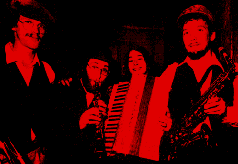 THE KLEZMORIM at the Freight & Salvage, Berkeley, 1977. L to R: Rick Elmore, David Julian Gray, Nada Lewis, Lev Liberman. [Photo: Chester Simpson]