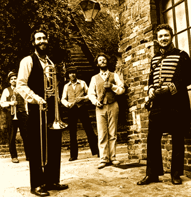 THE KLEZMORIM, Berkeley, 1979. L to R: Brian Wishnefsky, Kevin Linscott, John Raskin, David Julian Gray, Lev Liberman. [Photo: Cornelia Bryer]