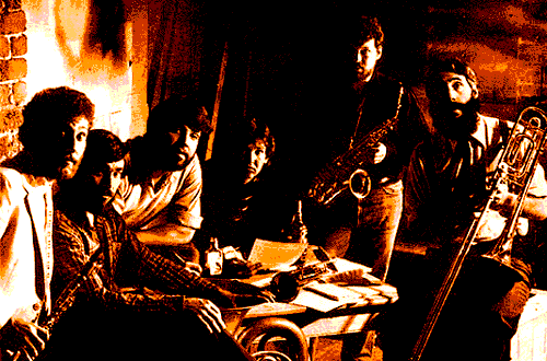 THE KLEZMORIM underground, San Francisco, 1984. L to R: David Julian Gray, Donald Thornton, Stephen Saxon, Tom Stamper, Lev Liberman, Kevin Linscott. [Photo: Paul Schraub]